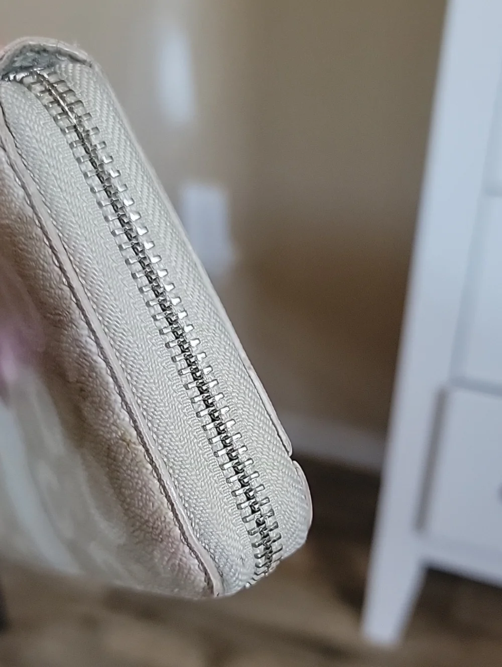 Coach Beige OP Art Signature Zip Wallet with Cream Center Stripe